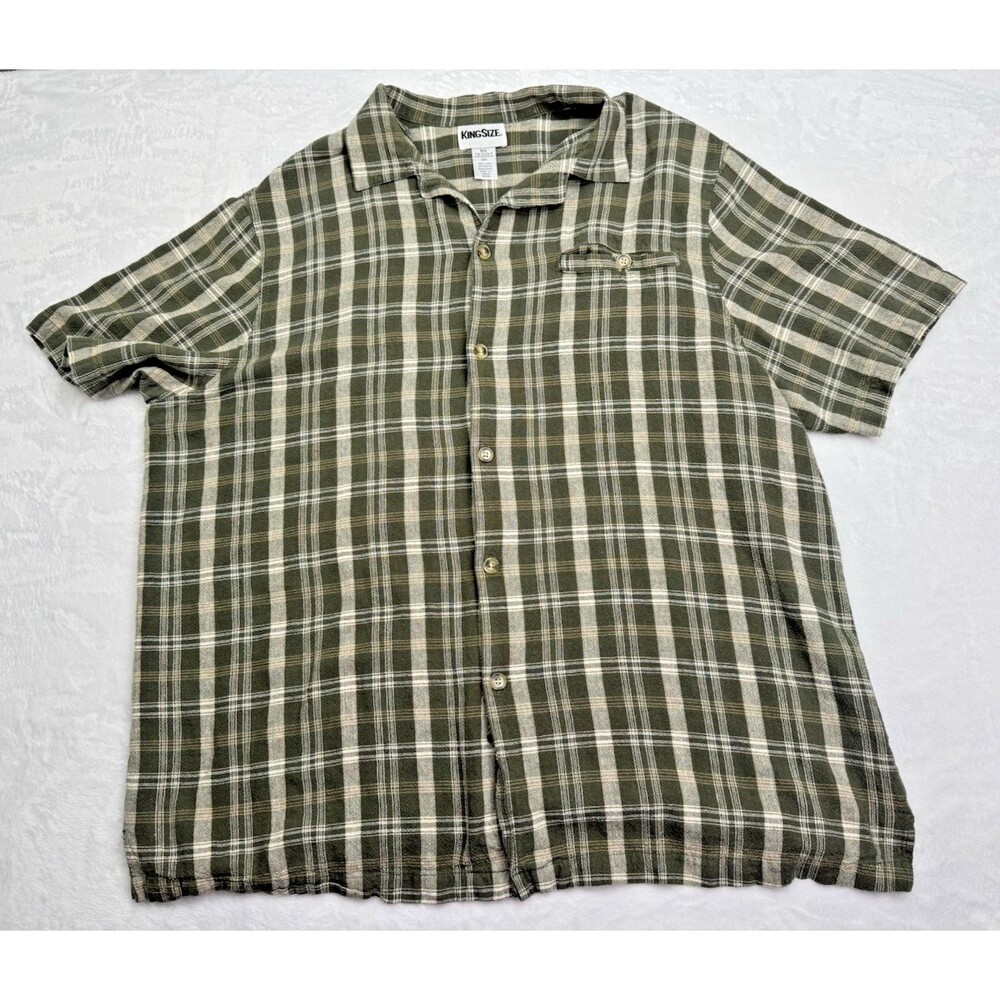King Size Mens Size 2XL Shirt Linen Blend Green Plaid Short Sleeve